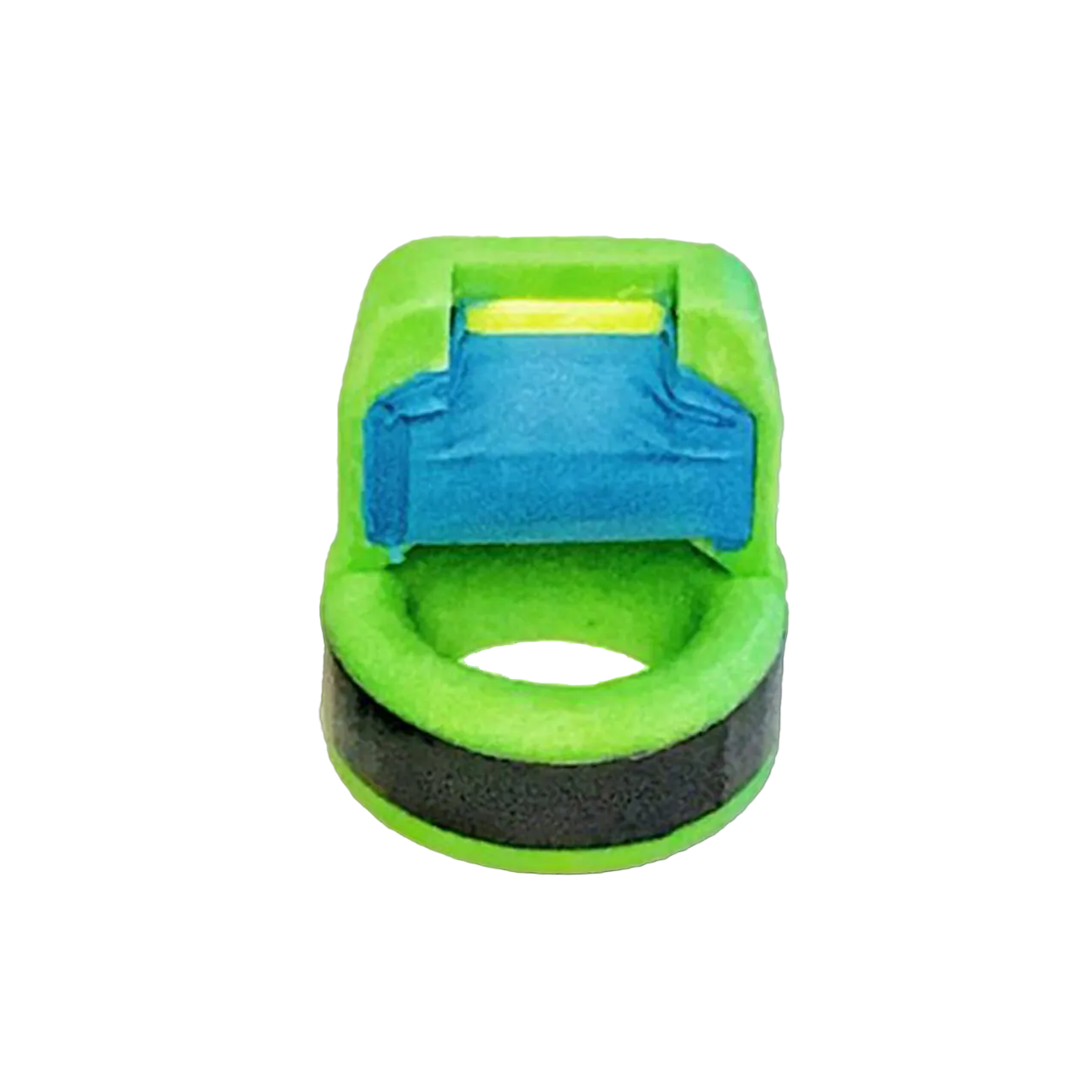 Green elk bugle mouth piece contains blue reed with a central circular component on a white background
