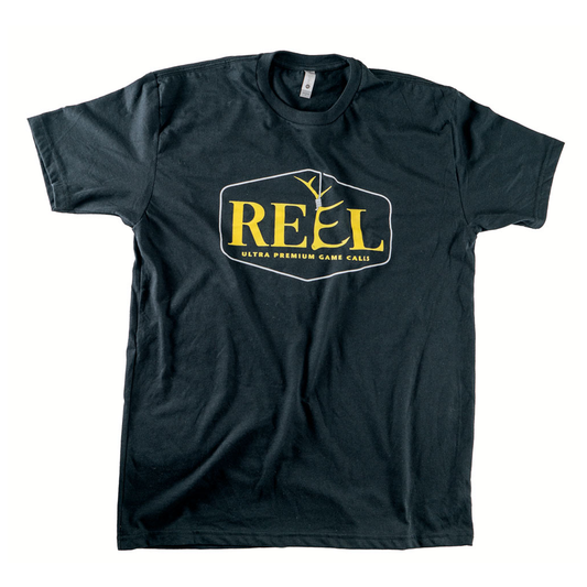 A black with yellow logo Reel classic T