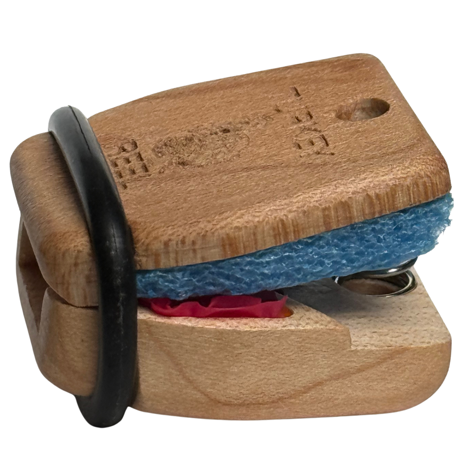 Wooden hinging diaphragm Turkey Call with a black rubber o ring and and enclosed double latex reed inside